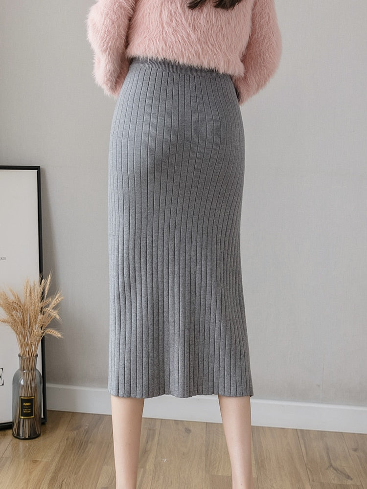 Warm Knit Midi Long Pencil Skirt Women Style Mid-Length