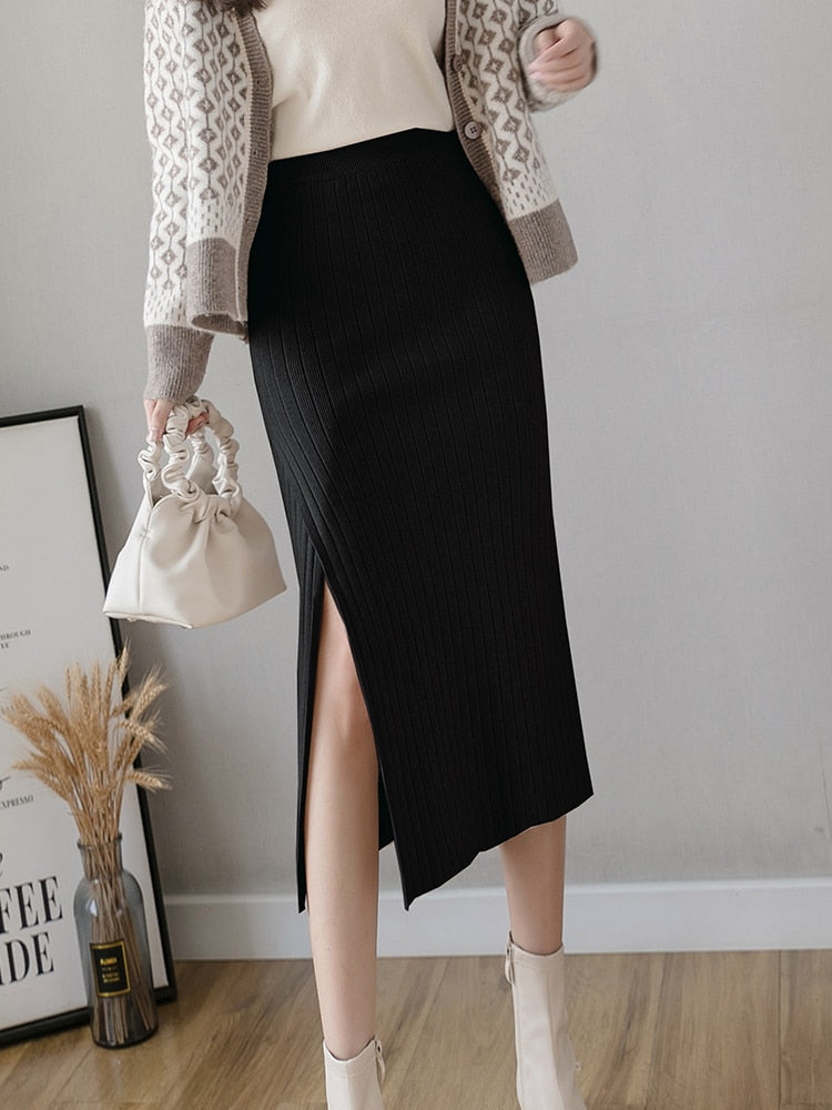 Warm Knit Midi Long Pencil Skirt Women Style Mid-Length