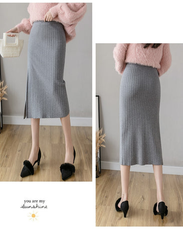 Warm Knit Midi Long Pencil Skirt Women Style Mid-Length
