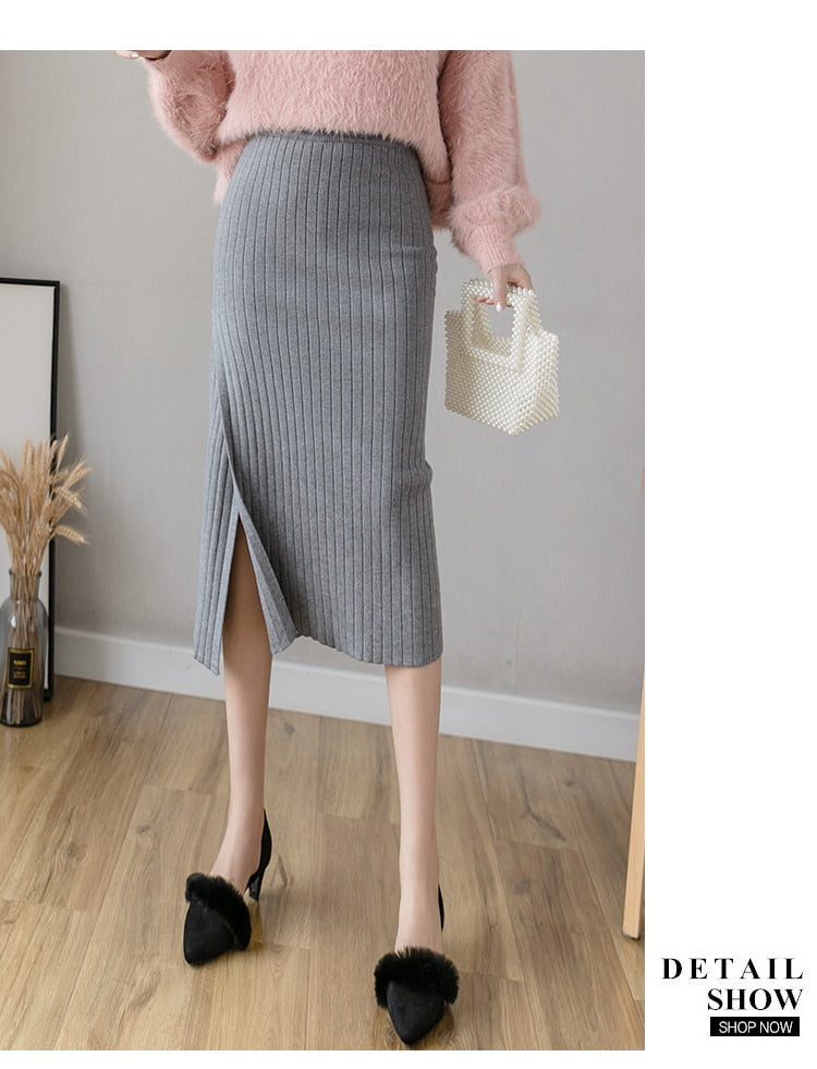 Warm Knit Midi Long Pencil Skirt Women Style Mid-Length