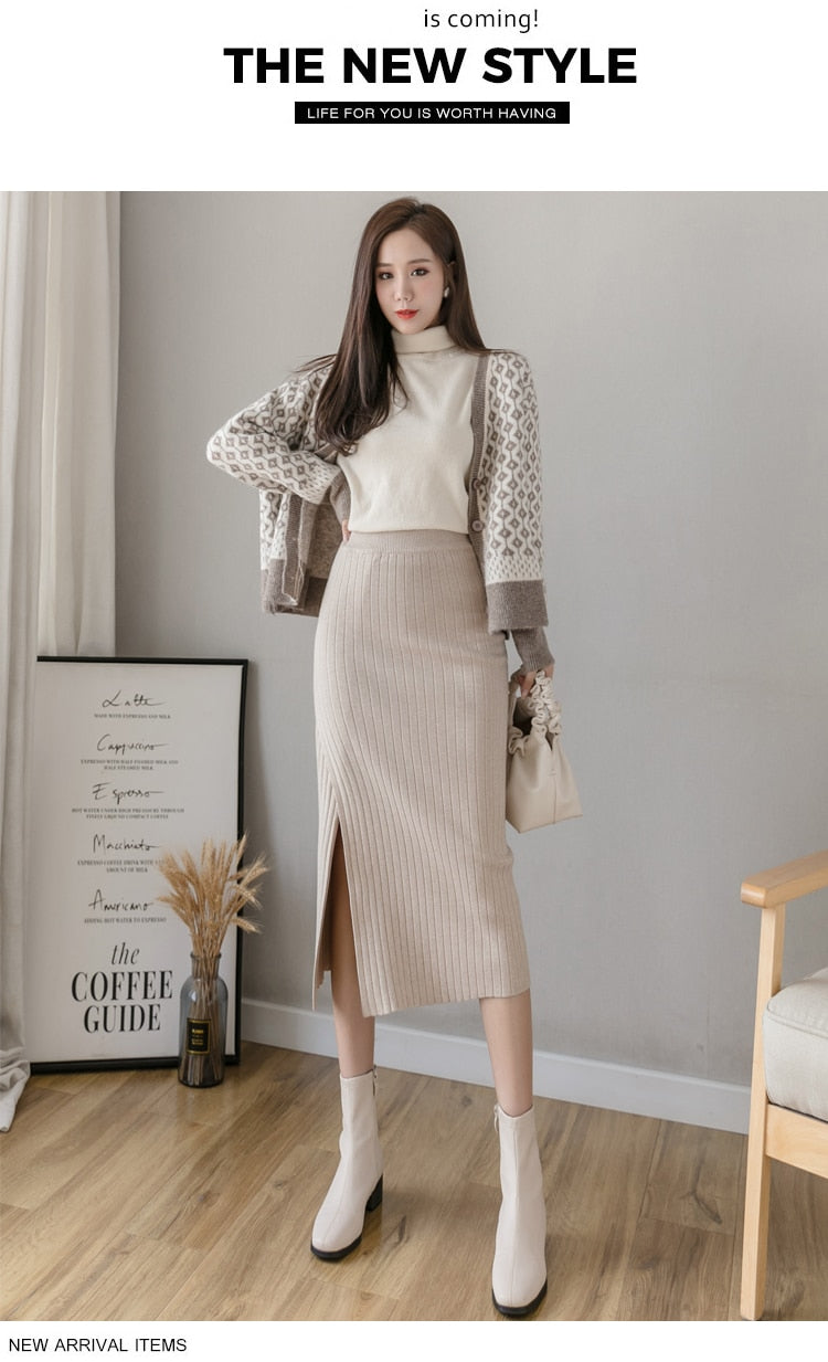 Warm Knit Midi Long Pencil Skirt Women Style Mid-Length