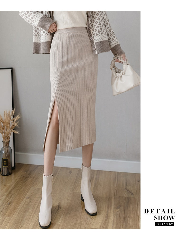 Warm Knit Midi Long Pencil Skirt Women Style Mid-Length