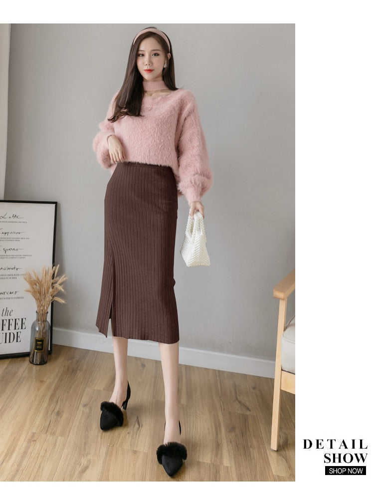 Warm Knit Midi Long Pencil Skirt Women Style Mid-Length