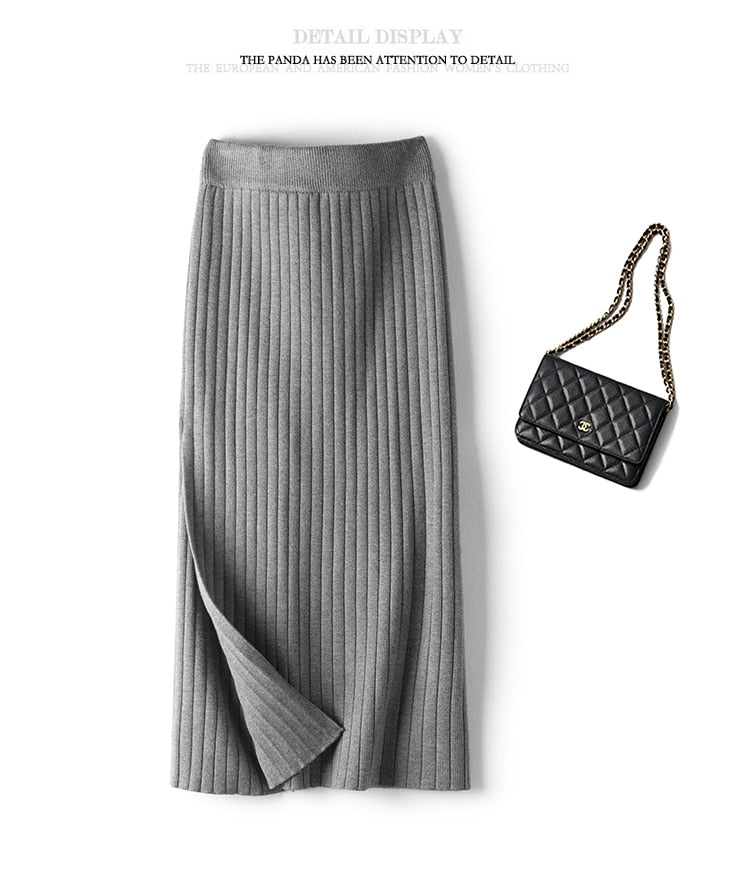 Warm Knit Midi Long Pencil Skirt Women Style Mid-Length