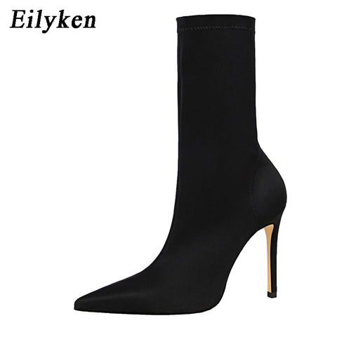 Fashion Stretch Fabric Women Boots Pointed Toe Ankle Boots High heels