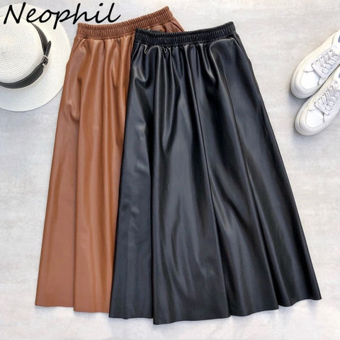 Leather Long Skirts Pockets Winter Elastic Waist A-Line Flare Skirt