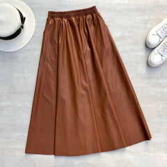 Leather Long Skirts Pockets Winter Elastic Waist A-Line Flare Skirt