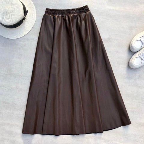 Leather Long Skirts Pockets Winter Elastic Waist A-Line Flare Skirt