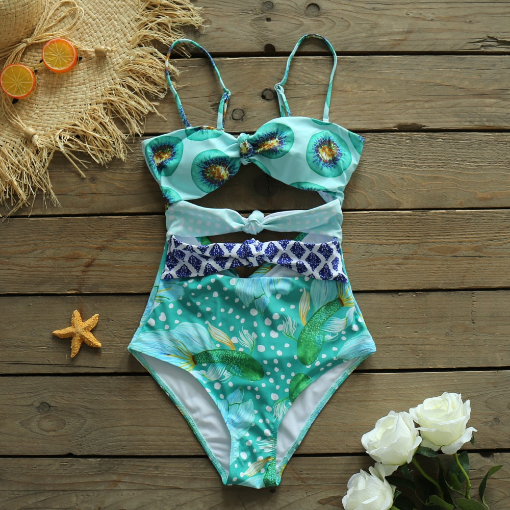 One Piece Swimsuit Bandeau Swimwear Floral Print Bathing Suit