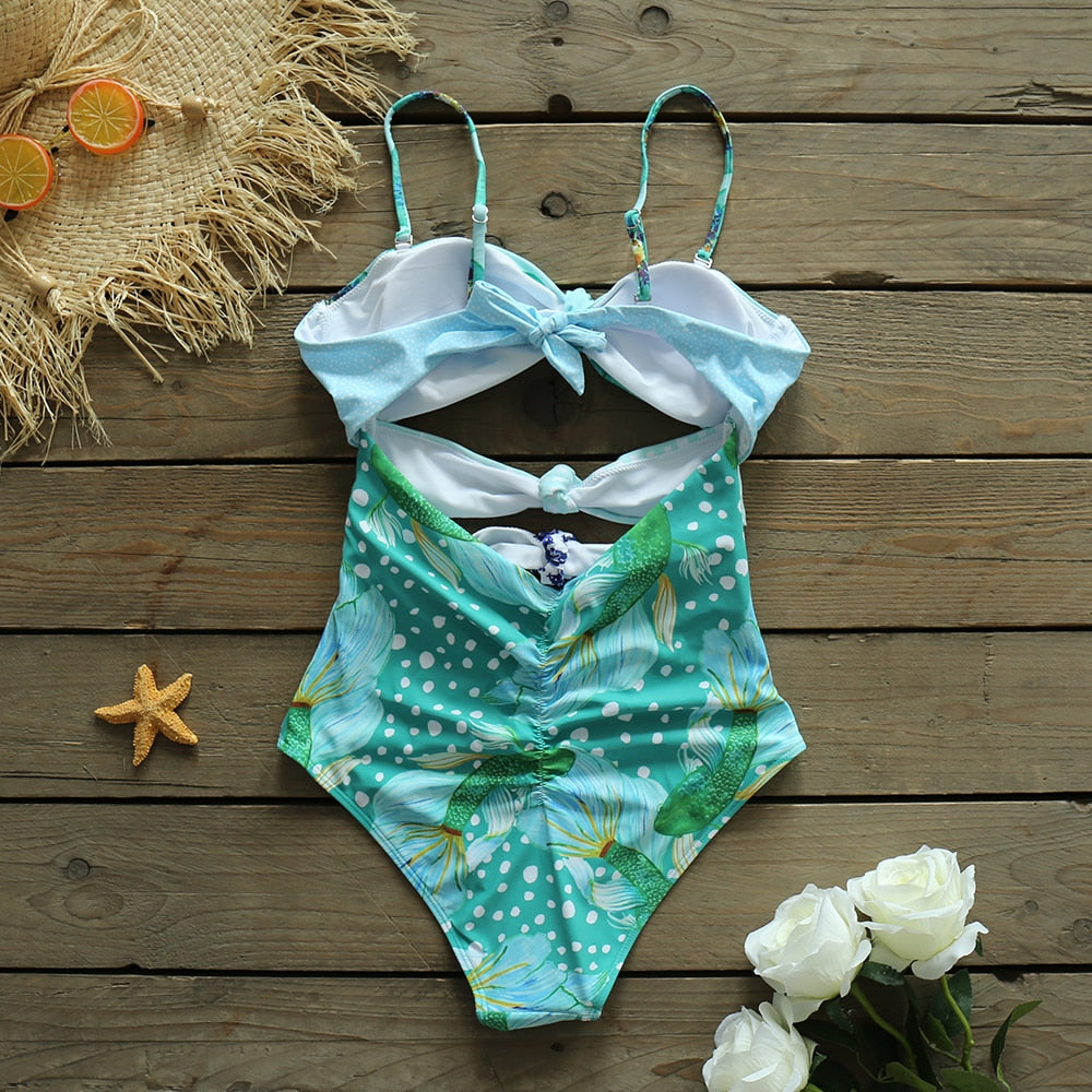 One Piece Swimsuit Bandeau Swimwear Floral Print Bathing Suit