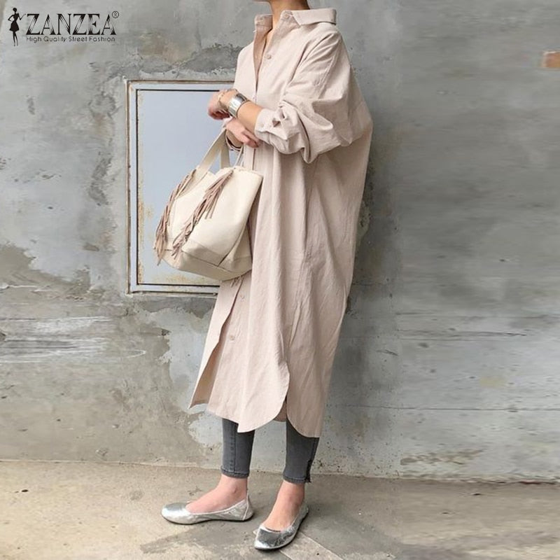 Long Shirt Dress Lapel Neck Long Sleeve Solid Vestido Casual