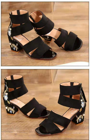 Ethnic Style Embroidered Mid-heel Sandals All-match Thick Heel Elegant Retro