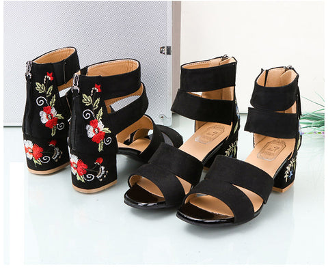 Ethnic Style Embroidered Mid-heel Sandals All-match Thick Heel Elegant Retro