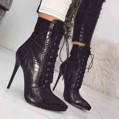 grain Ankle Boots For Women High heels Fashion Pointed toe Ladies