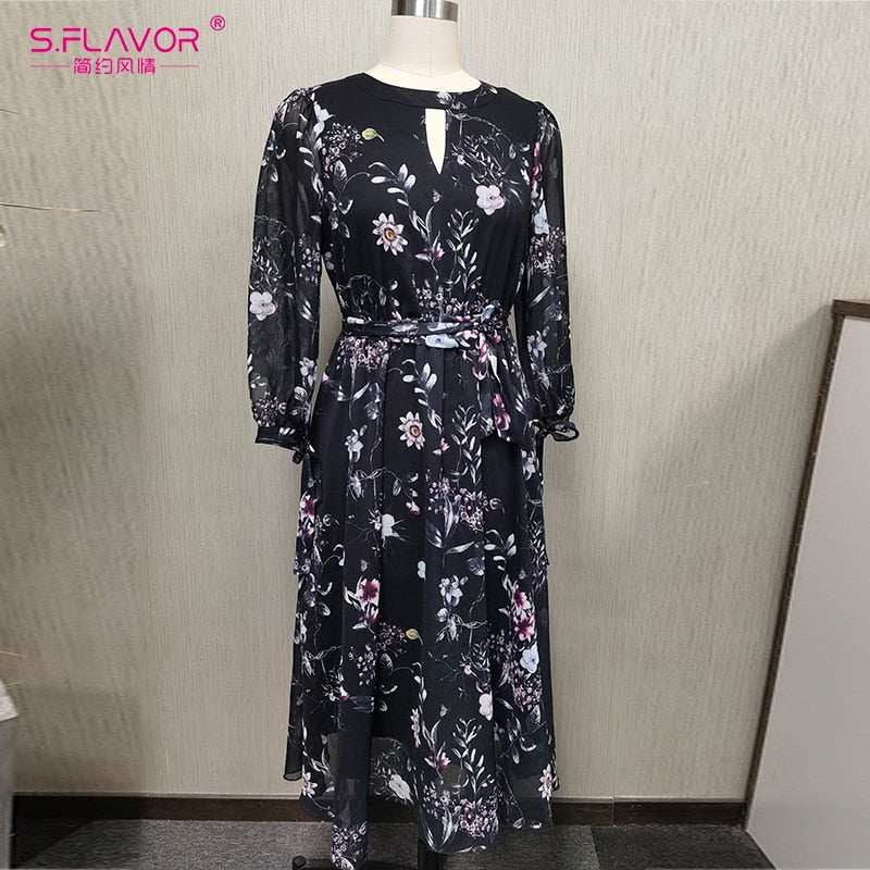 Flower Print Chiffon O Neck Hollow Out Long Sleeve Dress