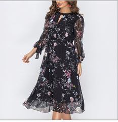 Flower Print Chiffon O Neck Hollow Out Long Sleeve Dress