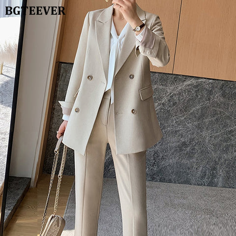 Trousers Suits Long Sleeve Double Breasted Female Women Set