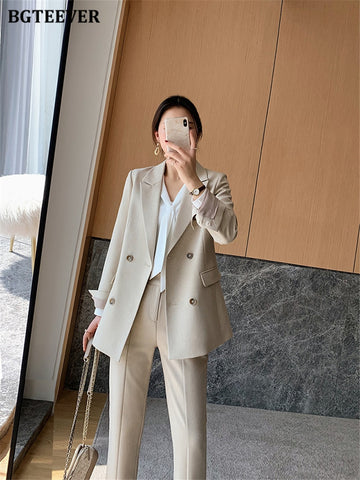 Trousers Suits Long Sleeve Double Breasted Female Women Set