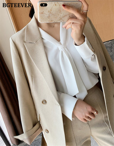 Trousers Suits Long Sleeve Double Breasted Female Women Set
