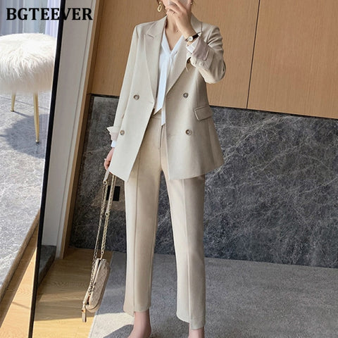 Trousers Suits Long Sleeve Double Breasted Female Women Set