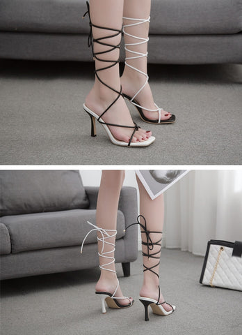 Fashion Lace Up Women Sandals Square Toe Thin Heel Cross Tied Party Shoes