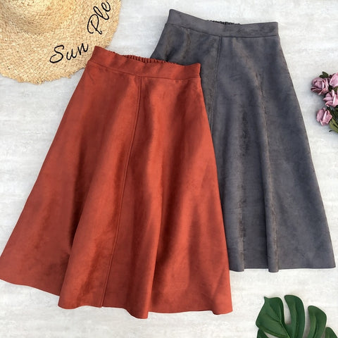 Suede High Waist Midi Skirt Vintage Style Elastic Ladies A-Line Skirt