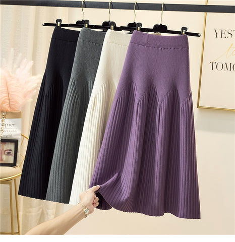 Warm Knitted Midi Long Pleated Skirt Women Style