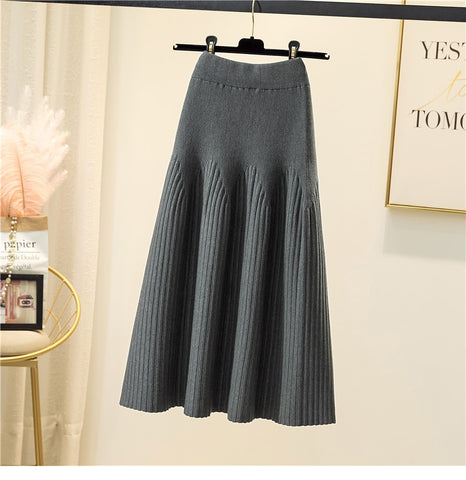 Warm Knitted Midi Long Pleated Skirt Women Style