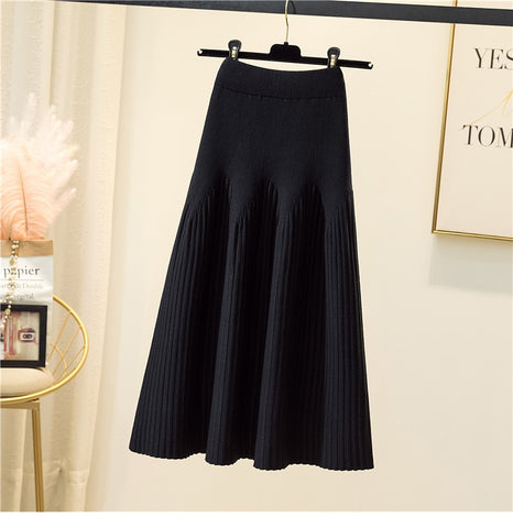 Warm Knitted Midi Long Pleated Skirt Women Style