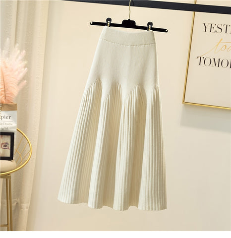 Warm Knitted Midi Long Pleated Skirt Women Style