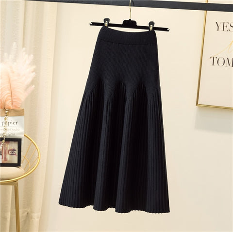 Warm Knitted Midi Long Pleated Skirt Women Style