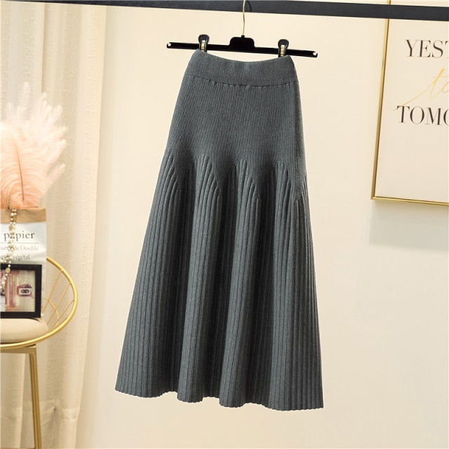 Warm Knitted Midi Long Pleated Skirt Women Style