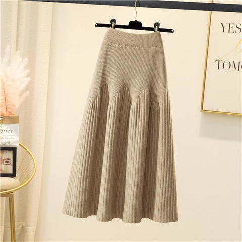 Warm Knitted Midi Long Pleated Skirt Women Style