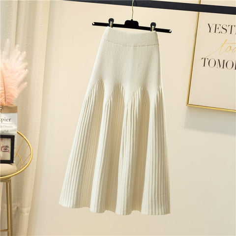 Warm Knitted Midi Long Pleated Skirt Women Style