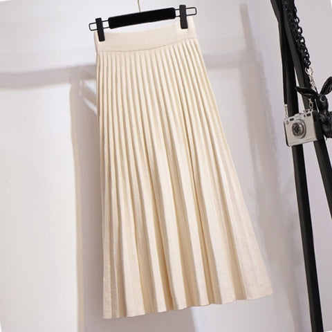 Knitted Midi Long Pleated Korean Style  High Waist Skirt