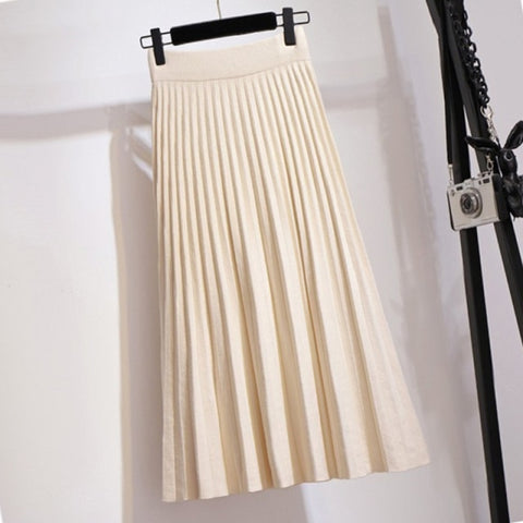 Knitted Midi Long Pleated Korean Style  High Waist Skirt