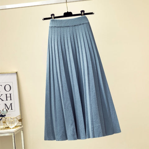 Knitted Midi Long Pleated Korean Style  High Waist Skirt