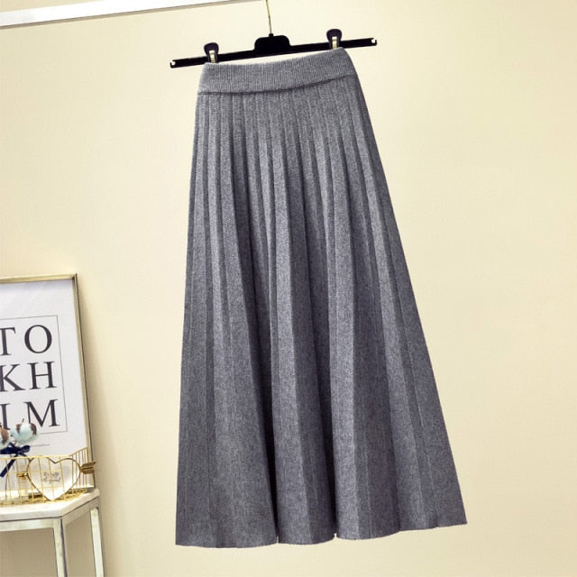 Knitted Midi Long Pleated Korean Style  High Waist Skirt