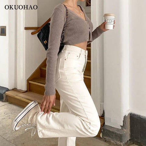 Fashion Jeans Women Straight Leg Mom Pants White Loose High Waist Baggy Jean