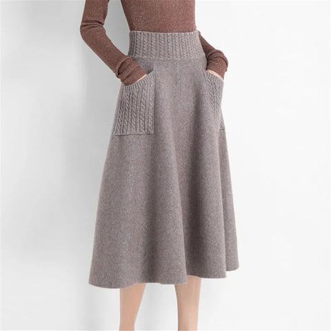Wool Knitting Long Skirts Office Ladies Vintage Black Skirt With Pocket