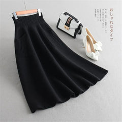 Wool Knitting Long Skirts Office Ladies Vintage Black Skirt With Pocket