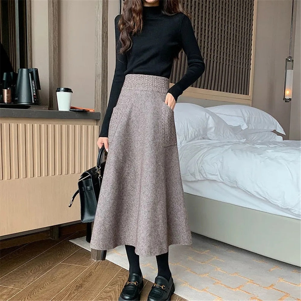 Wool Knitting Long Skirts Office Ladies Vintage Black Skirt With Pocket