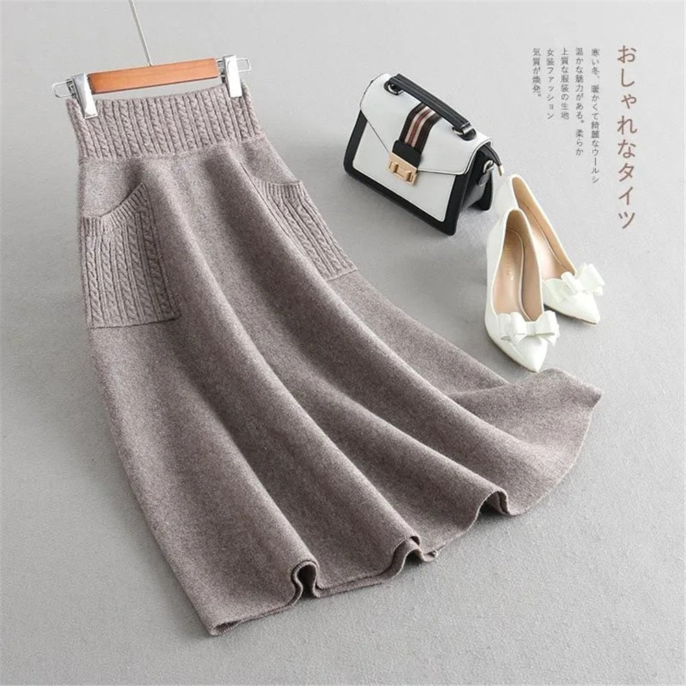 Wool Knitting Long Skirts Office Ladies Vintage Black Skirt With Pocket