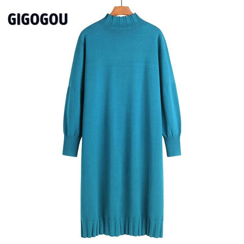 Long Knit Maxi Sweater Retro Thick Warm Turtleneck Straight Dress