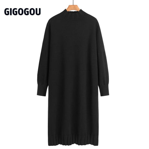Long Knit Maxi Sweater Retro Thick Warm Turtleneck Straight Dress