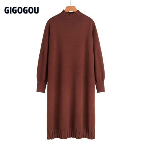 Long Knit Maxi Sweater Retro Thick Warm Turtleneck Straight Dress