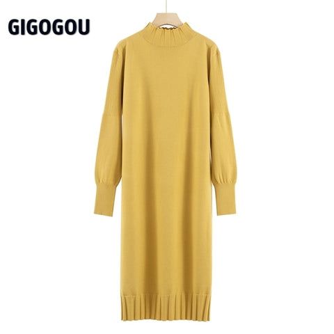 Long Knit Maxi Sweater Retro Thick Warm Turtleneck Straight Dress