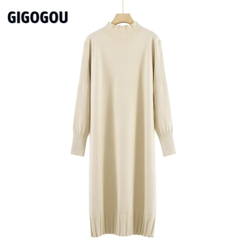 Long Knit Maxi Sweater Retro Thick Warm Turtleneck Straight Dress