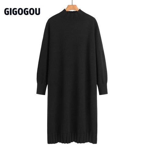 Long Knit Maxi Sweater Retro Thick Warm Turtleneck Straight Dress