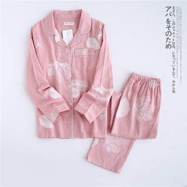 leaf pajama sets women 100% gauze cotton long sleeve casual sleepwear